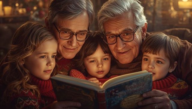 Grandfathers Sharing Storybook with Grandchildren by Candlelight