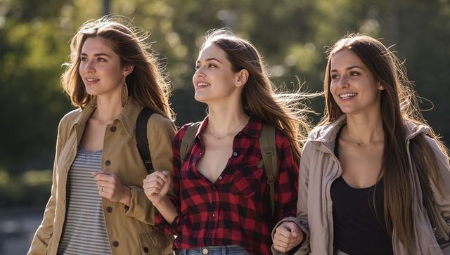 Three friends walking arm in arm laughing on sunlit tree-lined path with backpacks and casual jacket