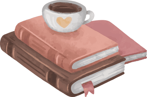 Watercolor Vintage Book Stack with Heart Cup on Transparent Background