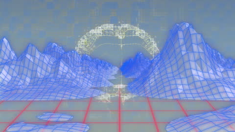 Futuristic Brain Hologram in Virtual Grid Landscape