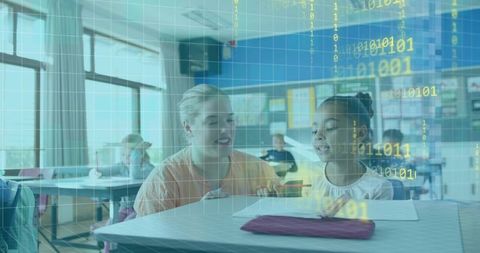 Teacher mentoring student with binary overlay for digital learning and collaboration