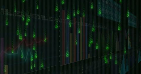 Neon cyber analytics dashboard with cascading binary code and holographic financial charts