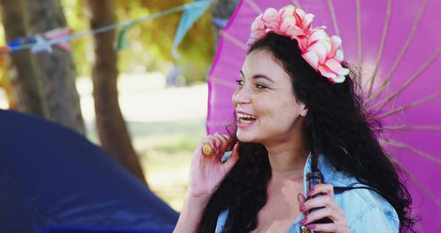 Joyful Woman with Floral Headpiece at Outdoor Event - Download Free Stock Images Pikwizard.com