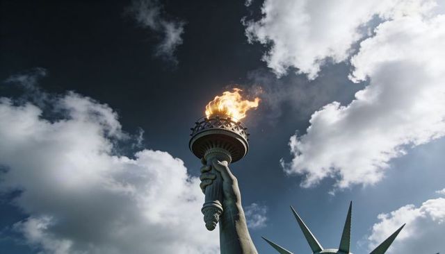 Low-angle monumental statue of liberty torch with flaming copper patina and dramatic cloudy sky