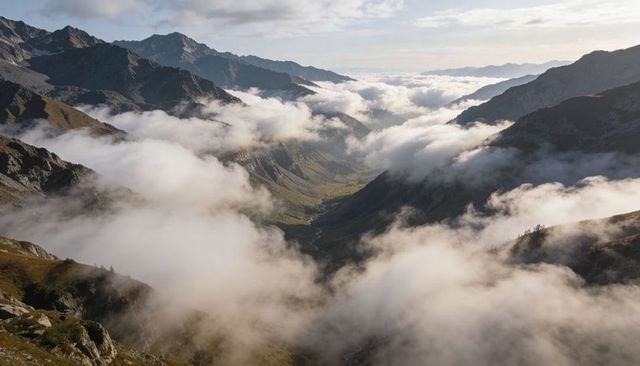 Streaming Fog Filling Alpine Valley with Jagged Peaks and Winding Stream