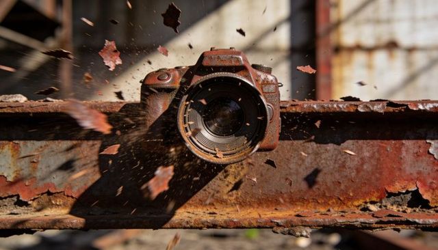 Rusted dslr camera rusting on corroded steel beam with rust flakes flying in sunlight