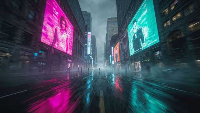 Futuristic rainy cityscape with neon reflections