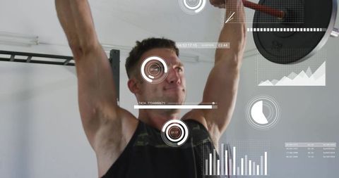 Athlete performing overhead barbell press with fitness analytics hud tracking in gym