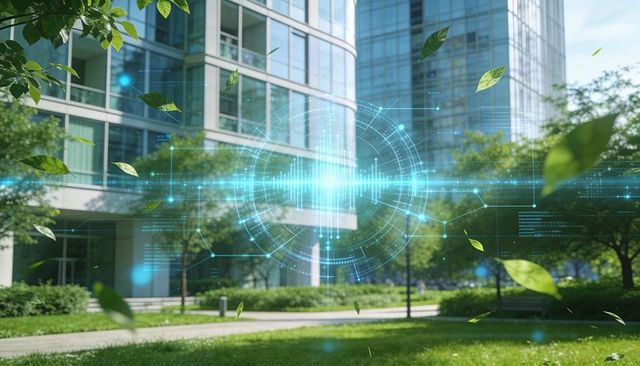 Futuristic blue holographic interface floating over urban green plaza with glass towers