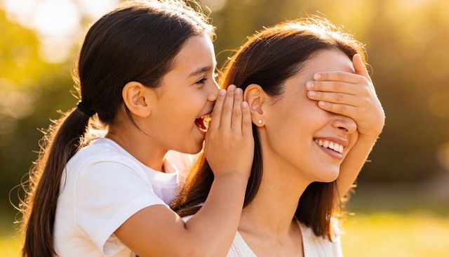 Daughter whispering secret and covering mother eyes during golden hour outdoor moment