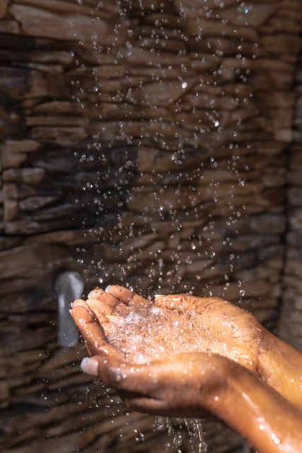 Cropped image of african american young woman's hands cupping falling water in bathroom at home. Unaltered, hygiene, routine, lifestyle, self care, bathing.