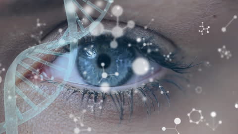 Close-up of Blue Eye with DNA Strands and Biotech Elements Overlay