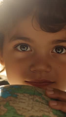 Child Gazing at Globe in Warm Window Light Exploring World with Curiosity - Vertical Video