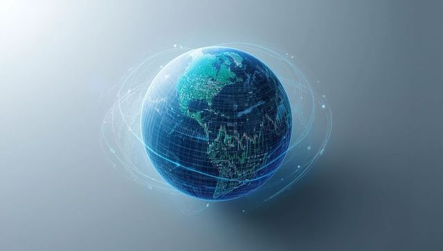 3d earth globe with data trails and network grid