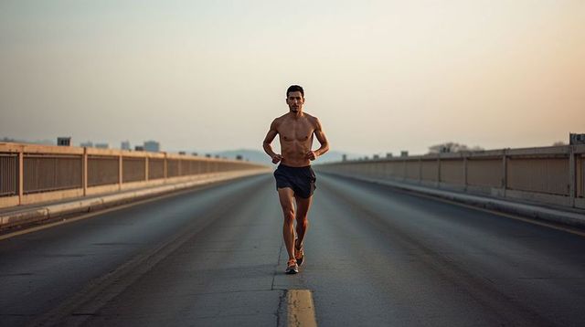 Shirtless runner powering along empty bridge during golden hour