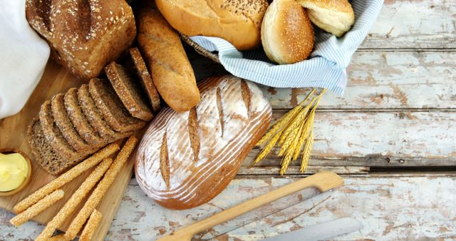 Perfect for bakery advertisements, food blogs, or health-conscious content. Highlighting homemade and organic bread varieties. Ideal for promoting fresh, nutritious breakfast options or representing traditional, homemade food aesthetics.