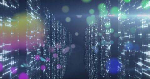 Futuristic Data Center Corridor with Neon Bokeh and Illuminated Server Racks Deep View