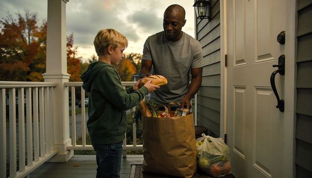 Father and son sharing groceries on front porch at dusk autumn evening family bonding