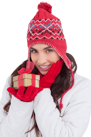 Smiling Woman in Winter Hat Holding Transparent Gift Box