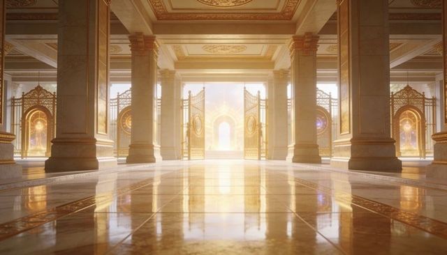 Gilded palace hall with ornate gates, marble columns reflecting light and glowing portal