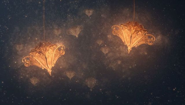 Ornate baroque pendant lamps emitting warm amber glow in moody cinematic interior