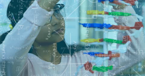 Schoolgirl Analyzing Molecular Model with Math Overlay in Classroom