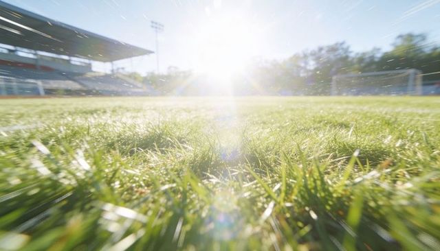Sunlit stadium turf glowing with lens flare, low-angle grass detail featuring goal and grandstand