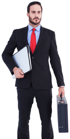 Confident Businessman Holding Briefcase and Laptop Transparent Background