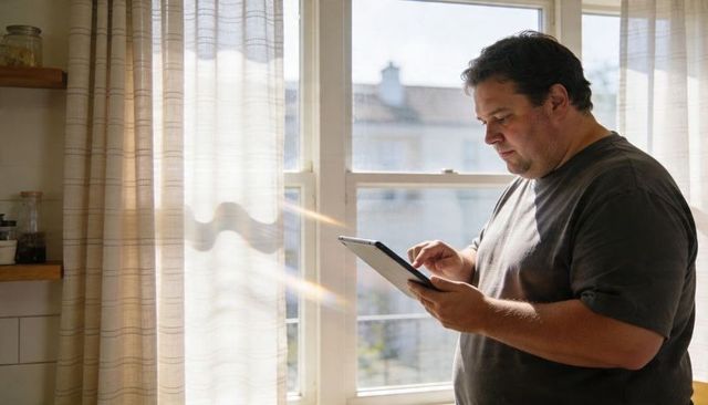 Man standing by sunlit window using tablet in minimalist kitchen, calm home tech moment