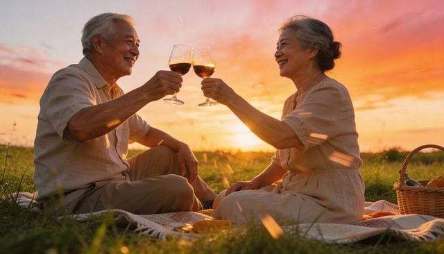 Golden sunset picnic: senior asian couple toasting wine on meadow blanket
