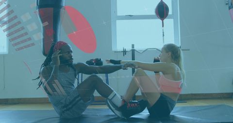 Female Boxer Training with Coach and Digital Interface Overlay