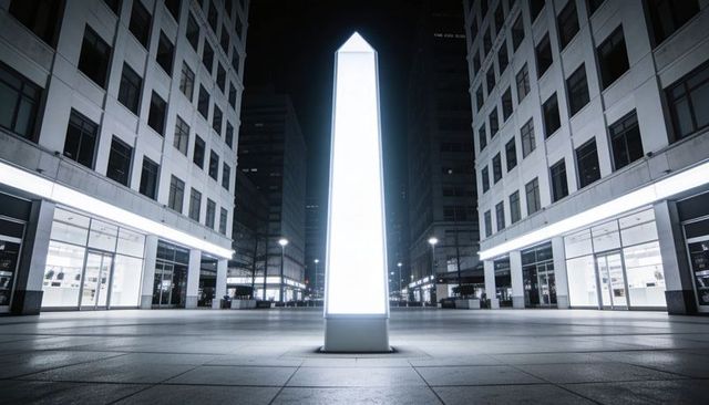 Glowing obelisk column lighting symmetrical urban plaza at night — minimal modern beacon