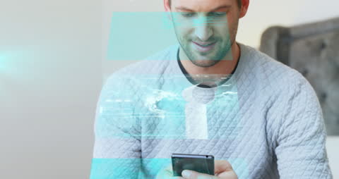 Caucasian Man Interacting with Smartphone and Digital Data