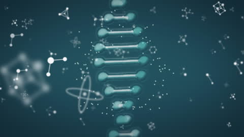 Revolving DNA Model with Molecular Icons on Blue Backdrop