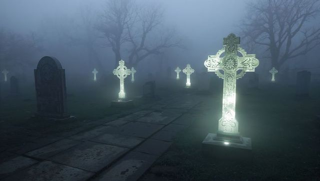 Celtic Cross Glowing in Misty Graveyard at Twilight