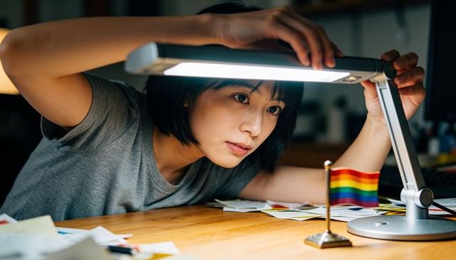 Student adjusting led desk lamp while examining notes beside small rainbow pride flag