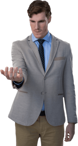 Transparent confident businessman holding hand open offering assistance