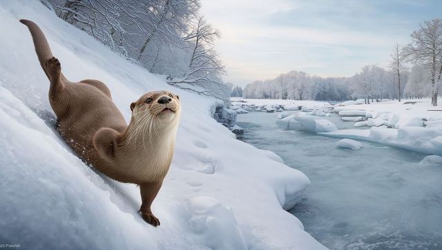 Curious river otter sliding down snowbank beside frozen river at dawn