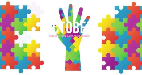 Breast cancer awareness month colorful puzzle hand design