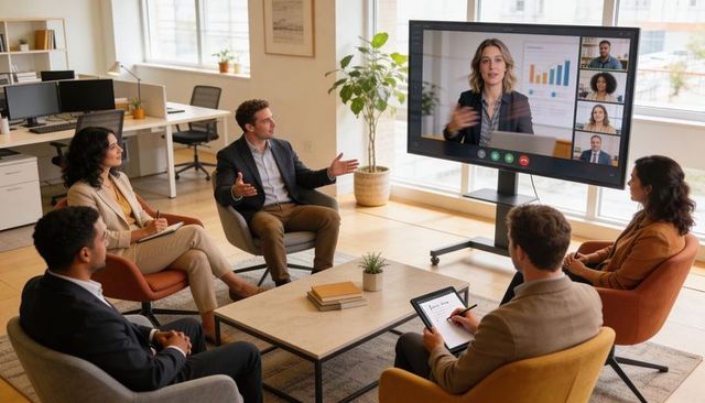 Hybrid team meeting presenting charts in modern office lounge with remote participants