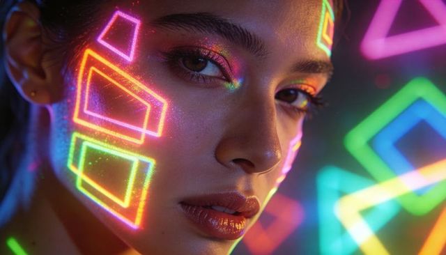 Gazing woman wearing neon geometric projections and glitter makeup, vibrant portrait