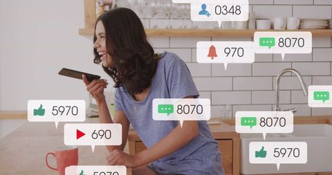 Woman Engaging on Smartphone with Social Media Notifications Overlay