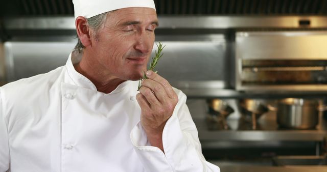 This portrays a senior chef deeply inhaling the scent of fresh rosemary in a professional kitchen. Ideal for culinary magazines, cooking websites, restaurant promotions, or advertisements focusing on fresh ingredients and culinary expertise.