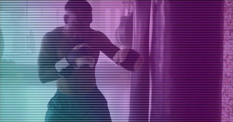 Neon silhouette boxer shadowboxing with hand wraps under teal and purple studio lighting