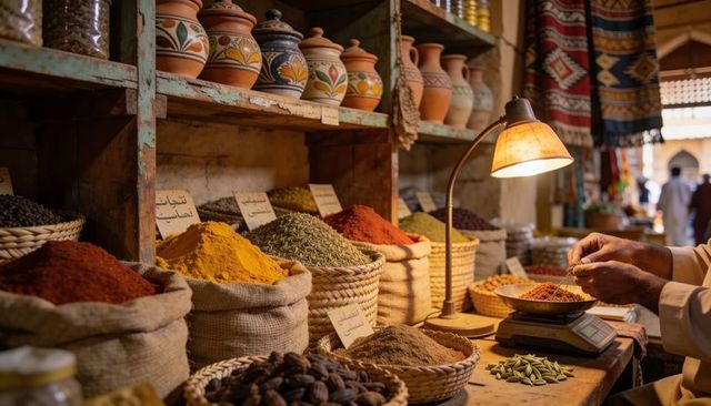 Traditional spice market stall showing colorful sacks of spices, vendor weighing cardamom