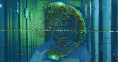 Businessman Analyzing Futuristic Data Overlay on Tablet