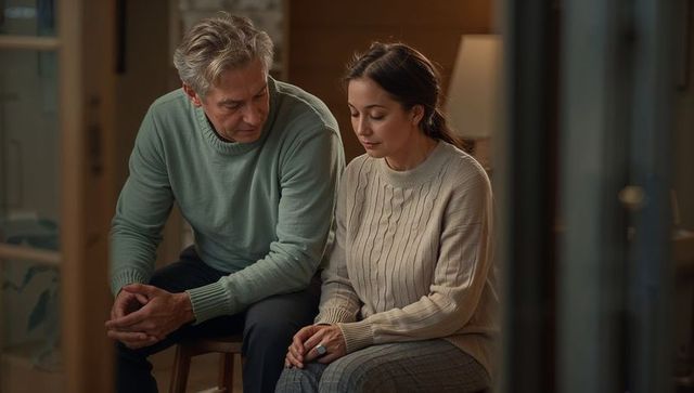 Couple sitting close holding hands in cozy living room showing support and intimacy