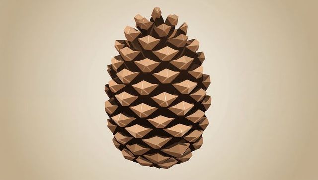 Low-poly pine cone floating on neutral beige background with faceted geometric design