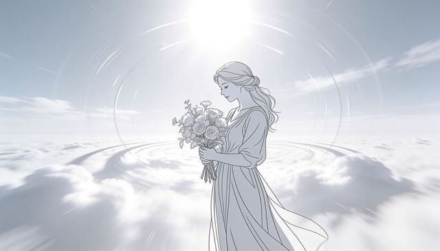 Standing woman holding bouquet above clouds with radiant sun halo, celestial illustration