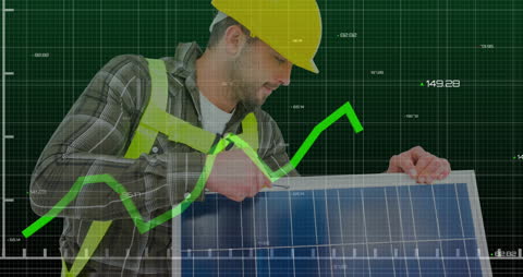 Professional Inspecting Solar Panel with Financial Growth Concept Overlay